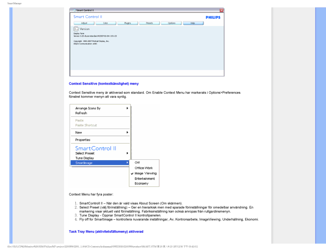 Philips 220SW9 user manual Context Sensitive kontextkänslighet meny, Task Tray Menu aktivitetsfältsmeny aktiverad 