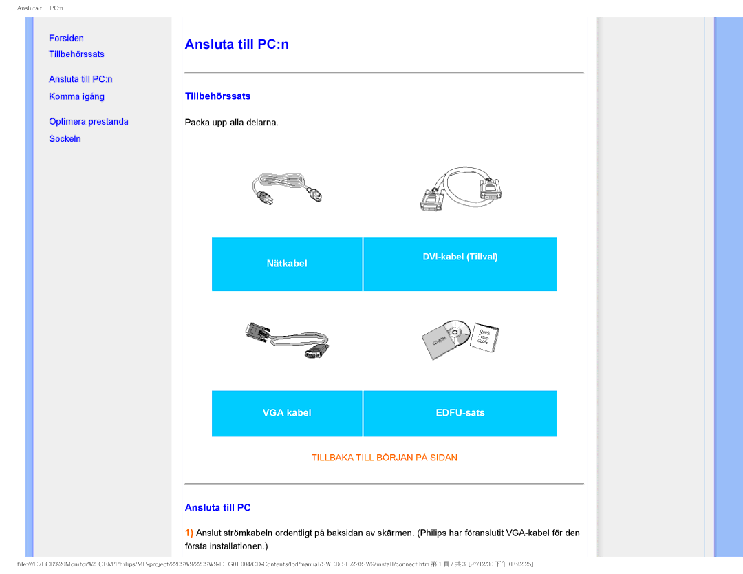 Philips 220SW9 user manual Ansluta till PCn, Tillbehörssats 