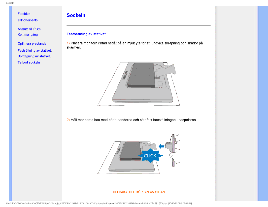 Philips 220SW9 user manual Sockeln, Fastsättning av stativet 