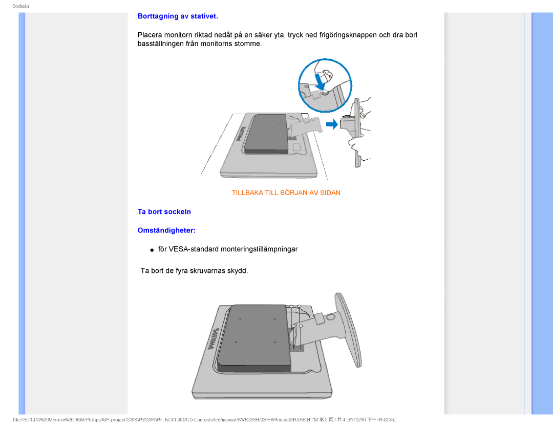 Philips 220SW9 user manual Borttagning av stativet, Ta bort sockeln Omständigheter 