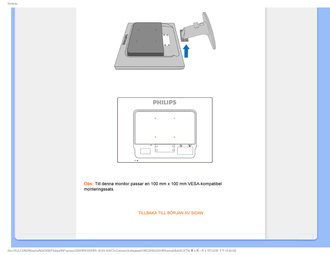 Philips 220SW9 user manual Tillbaka Till Början AV Sidan 