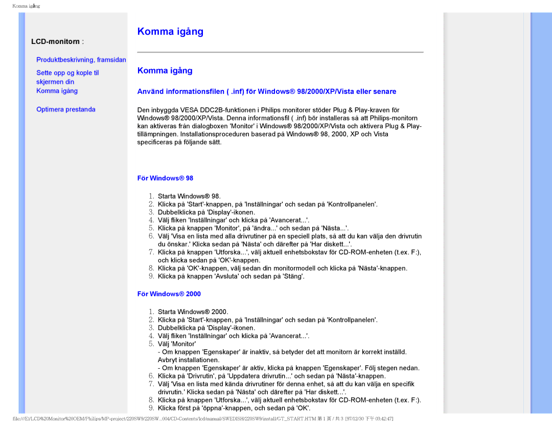 Philips 220SW9 user manual Komma igång, LCD-monitorn 