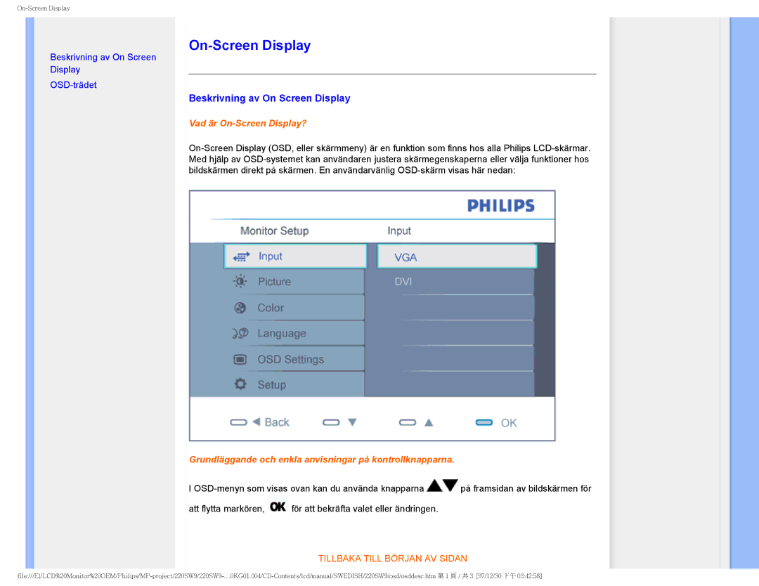 Philips 220SW9 user manual On-Screen Display, Beskrivning av On Screen Display 