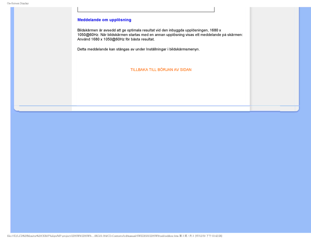 Philips 220SW9 user manual Meddelande om upplösning 