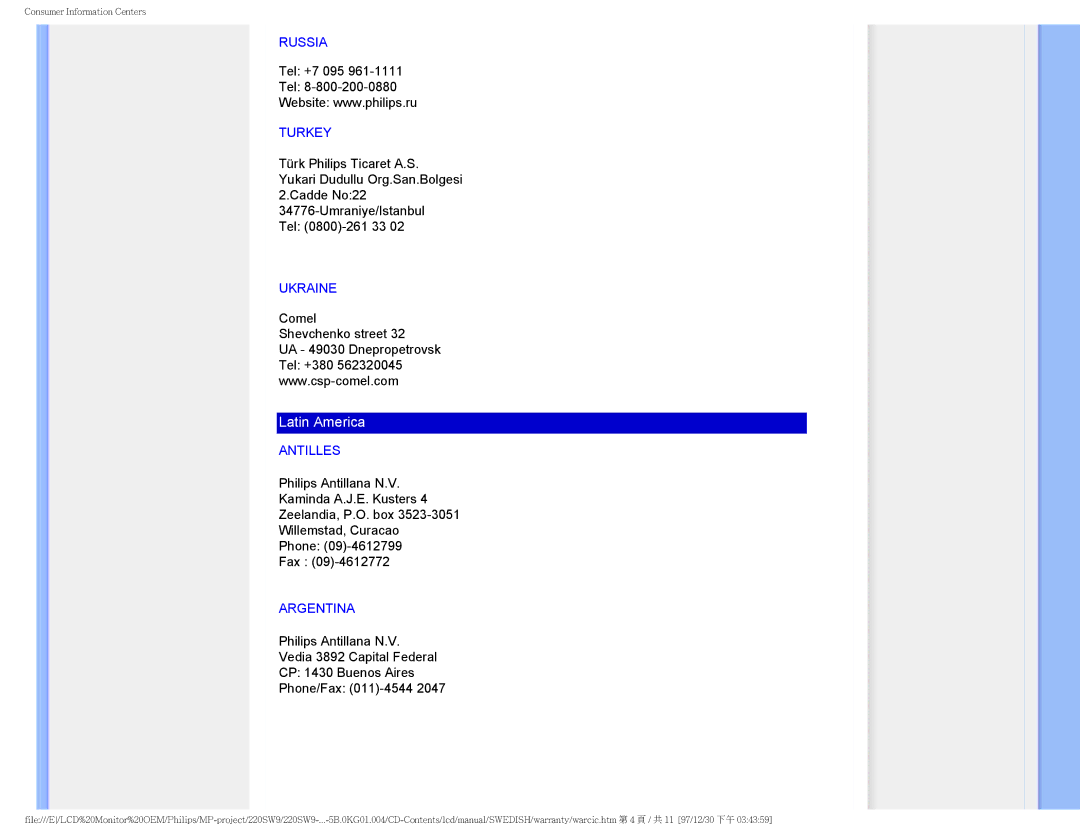 Philips 220SW9 user manual Russia, Turkey, Ukraine, Antilles, Argentina 