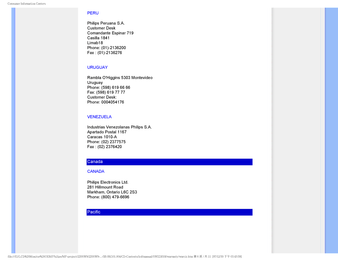 Philips 220SW9 user manual Peru, Uruguay, Venezuela, Canada 