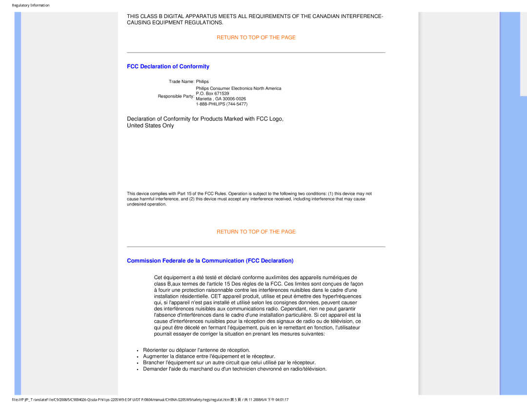 Philips 220SW9 user manual FCC Declaration of Conformity, Commission Federale de la Communication FCC Declaration 