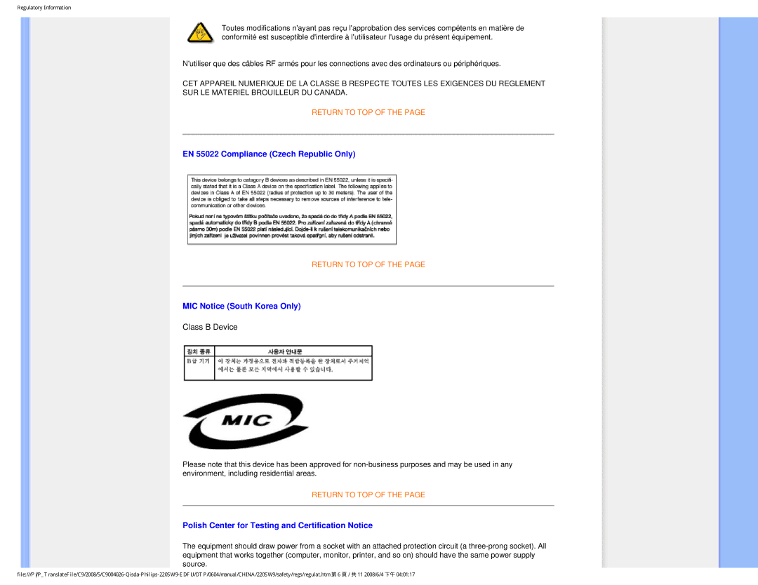 Philips 220SW9 user manual EN 55022 Compliance Czech Republic Only, MIC Notice South Korea Only 