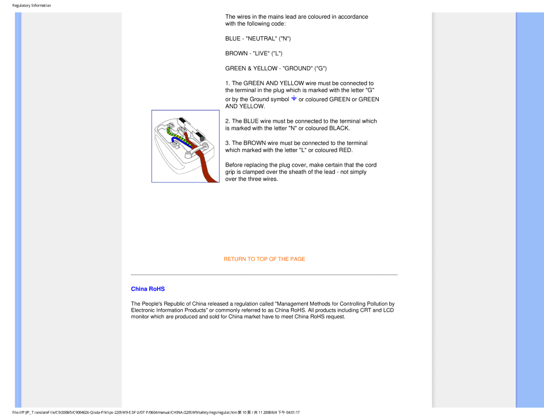 Philips 220SW9 user manual Green & Yellow Ground G, China RoHS 