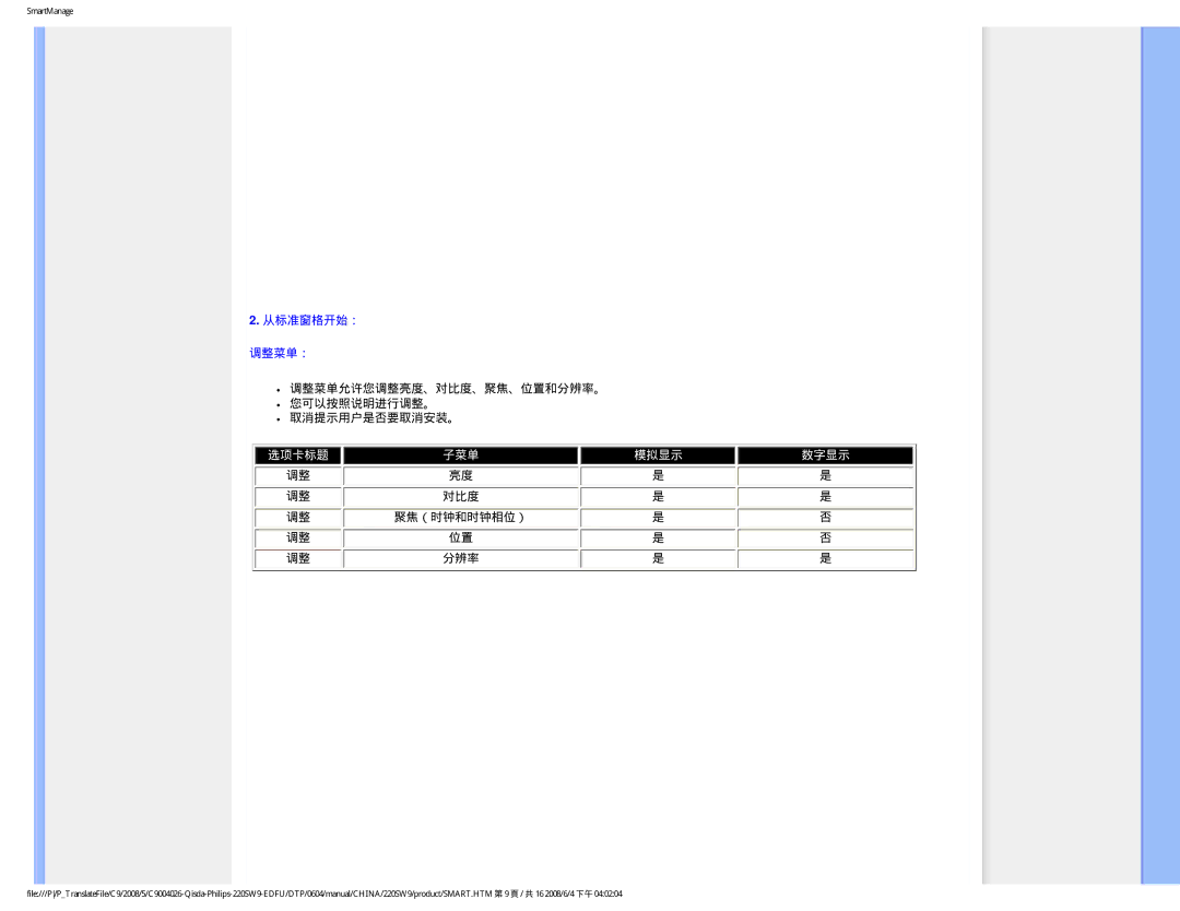 Philips 220SW9 user manual 选项卡标题 子菜单 模拟显示 数字显示 