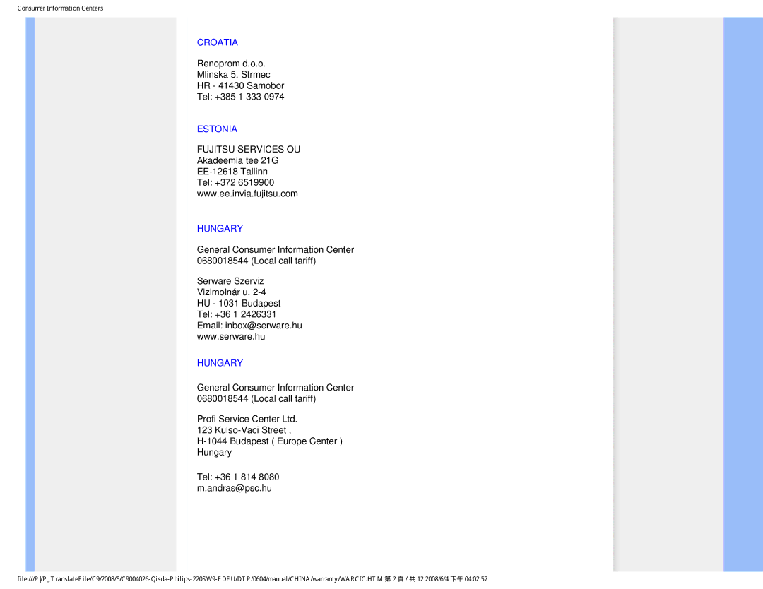 Philips 220SW9 user manual Croatia, Estonia, Hungary 