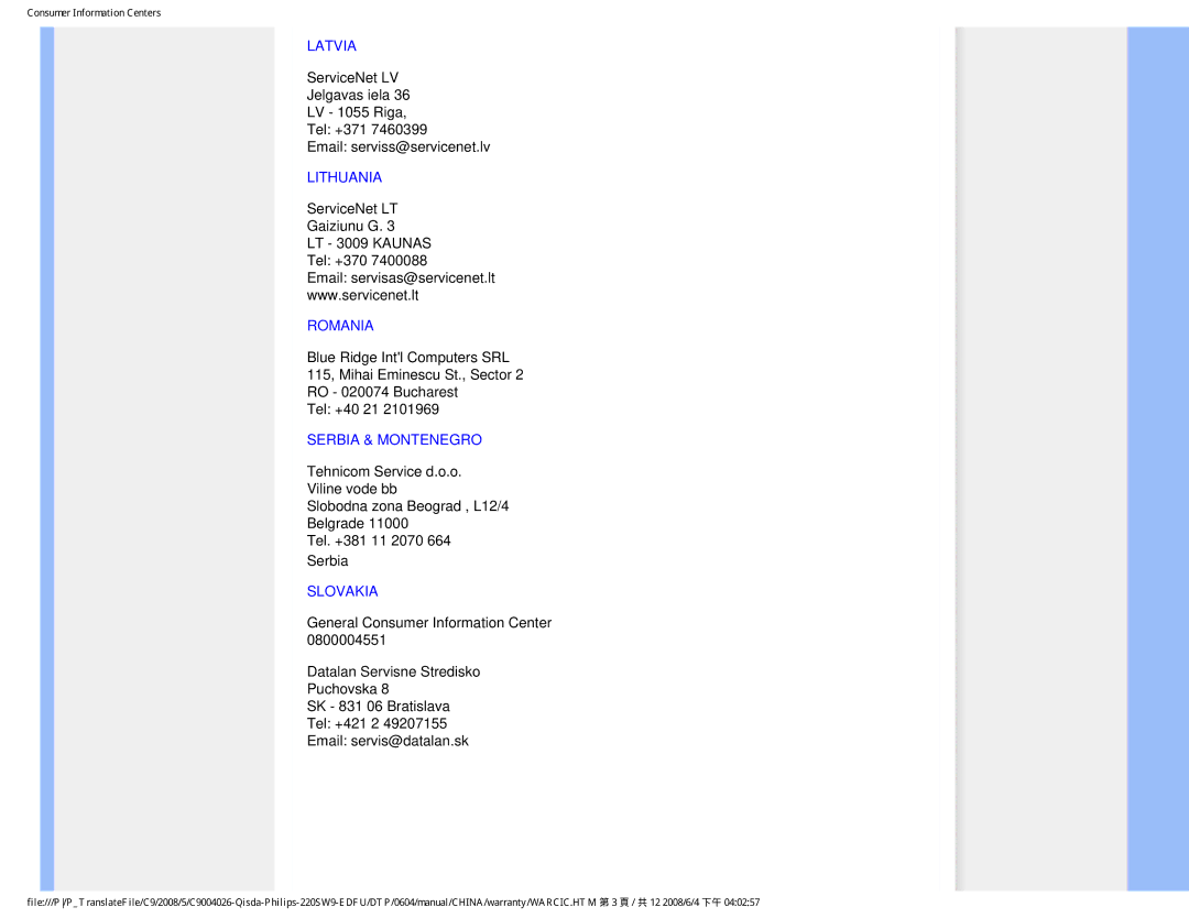 Philips 220SW9 user manual Latvia, Lithuania, Romania, Serbia & Montenegro, Slovakia 