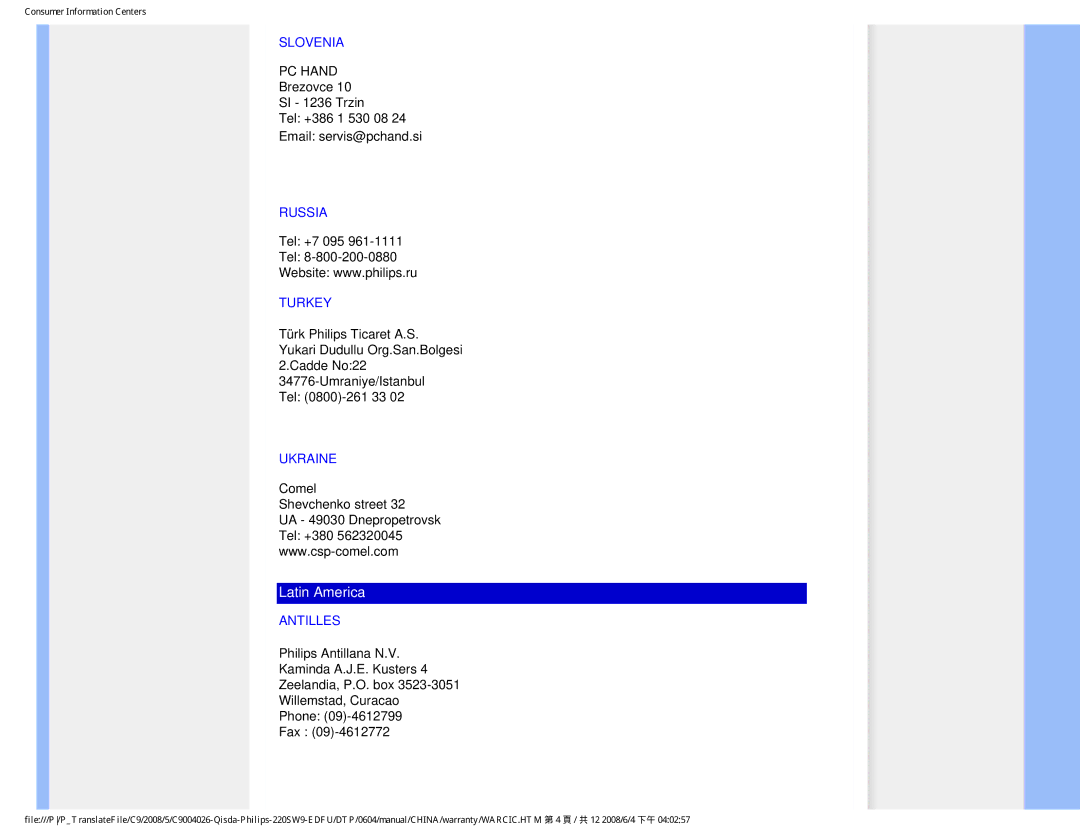 Philips 220SW9 user manual Slovenia, Russia, Turkey, Ukraine, Antilles 