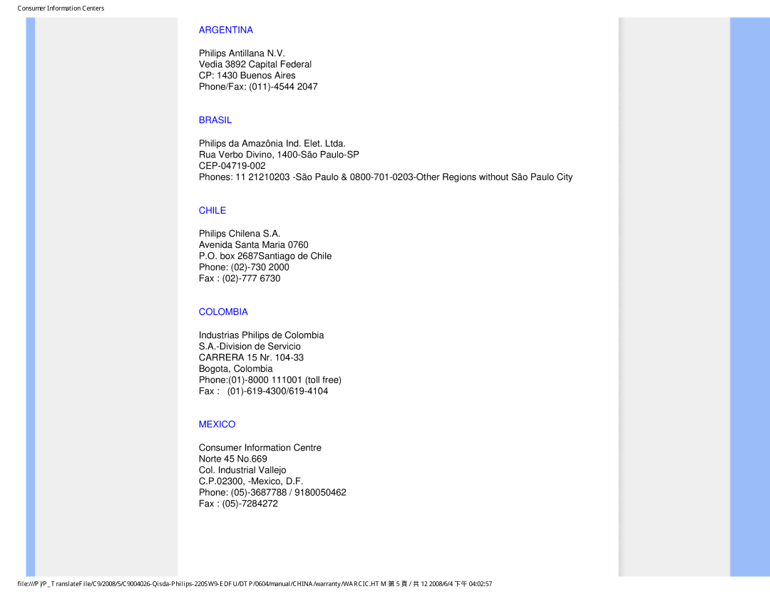 Philips 220SW9 user manual Argentina, Brasil, Chile, Colombia, Mexico 