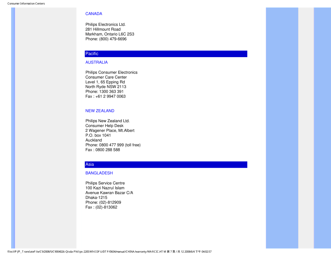 Philips 220SW9 user manual Canada, Australia, NEW Zealand, Bangladesh 