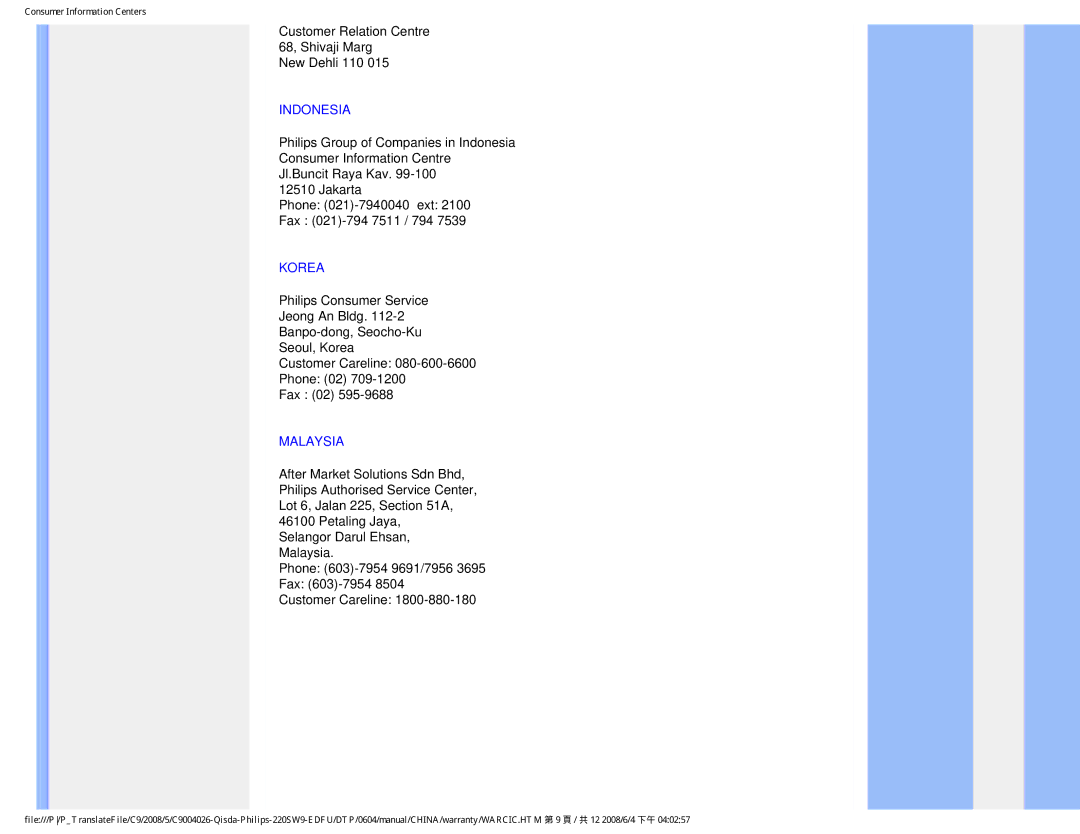 Philips 220SW9 user manual Indonesia, Korea, Malaysia 