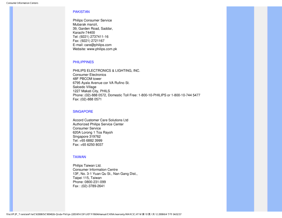 Philips 220SW9 user manual Pakistan, Philippines, Singapore, Taiwan 