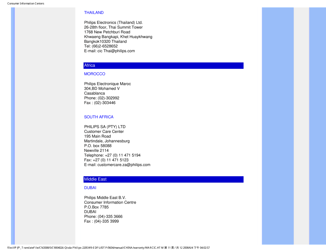 Philips 220SW9 user manual Thailand, Morocco, South Africa, Dubai 