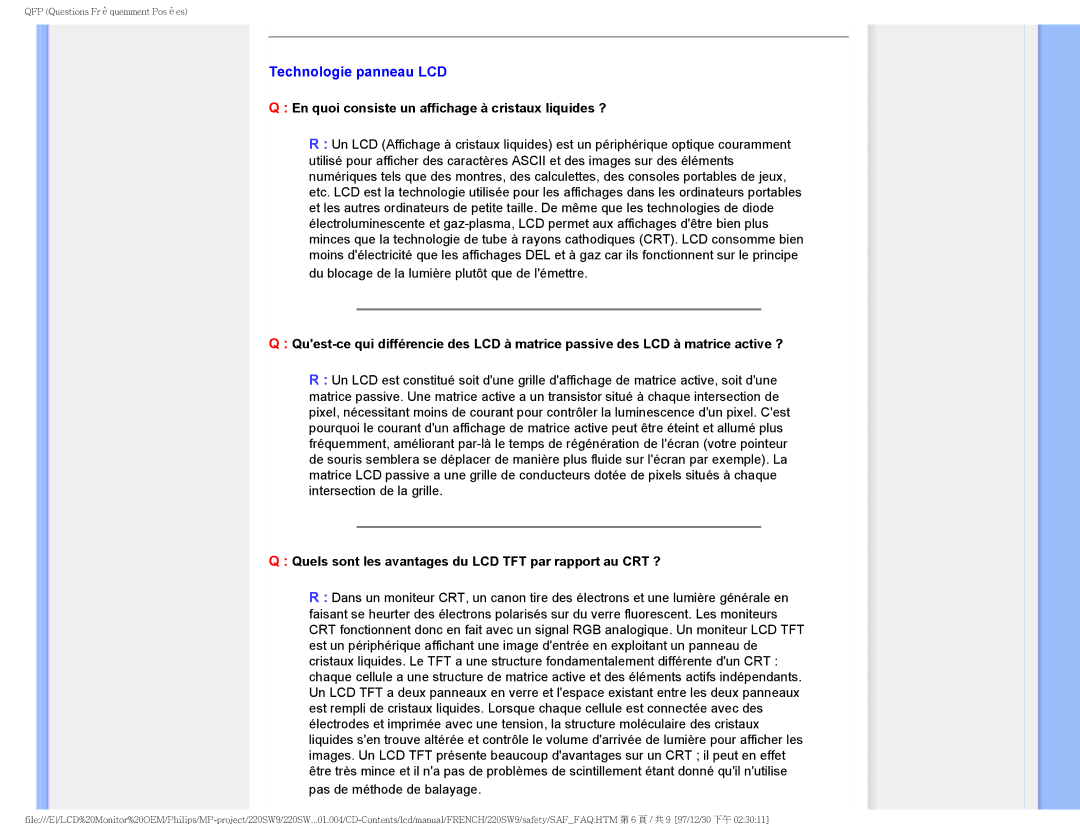 Philips 220SW9 user manual Technologie panneau LCD, En quoi consiste un affichage à cristaux liquides ? 