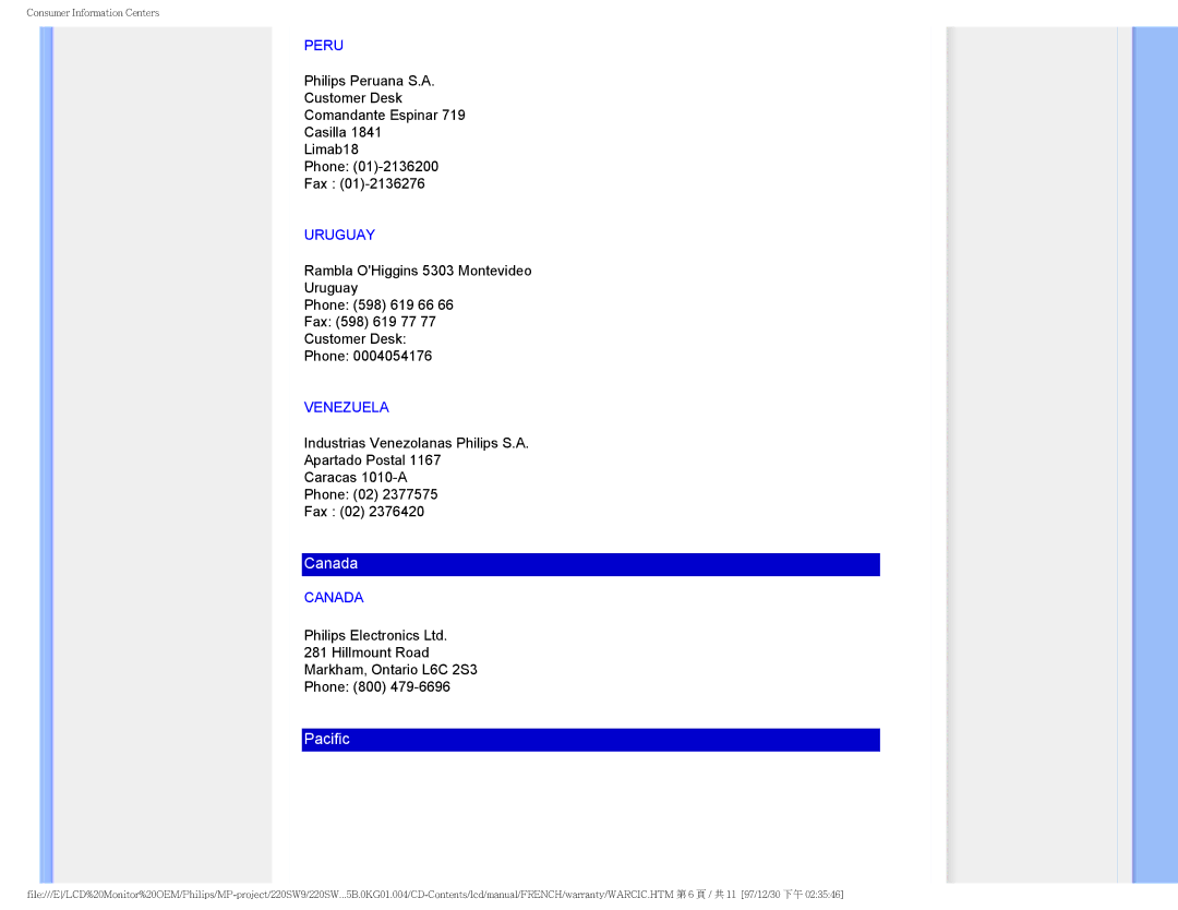 Philips 220SW9 user manual Canada 