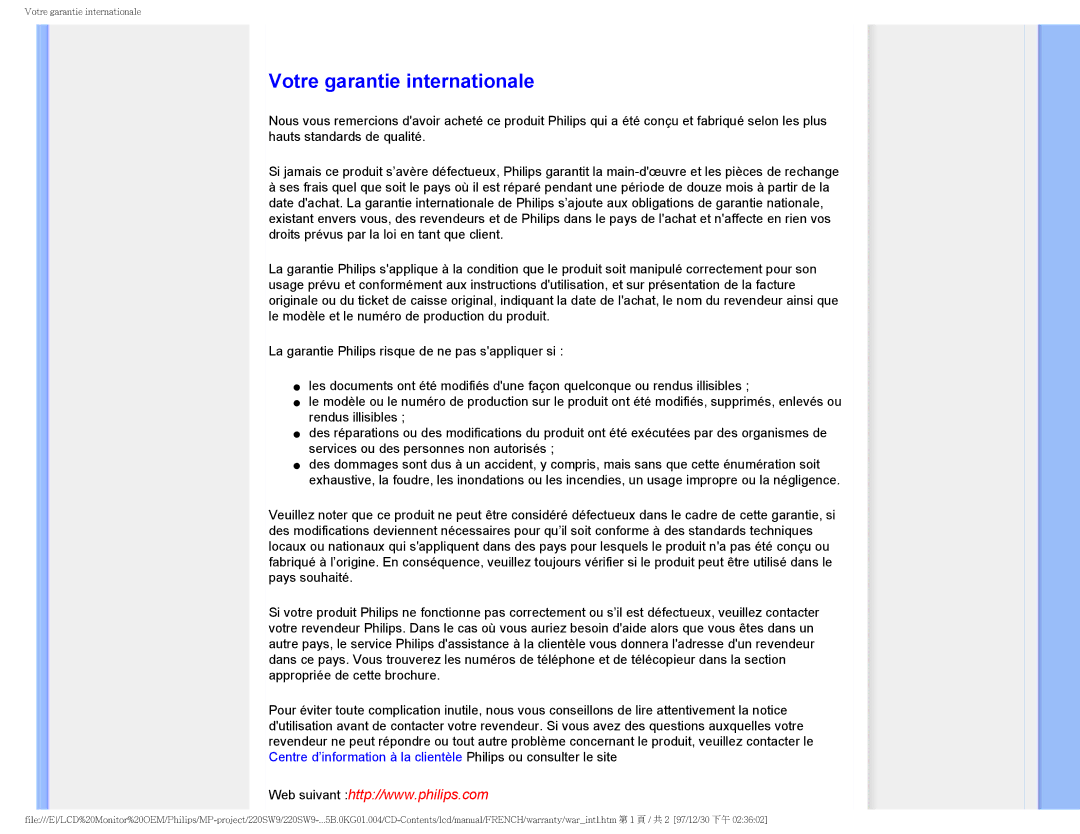 Philips 220SW9 user manual Votre garantie internationale 