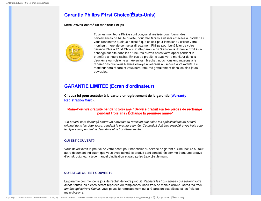 Philips 220SW9 user manual Garantie Philips F1rst ChoiceÉtats-Unis, Garantie Limitée Écran dordinateur, Registration Card 