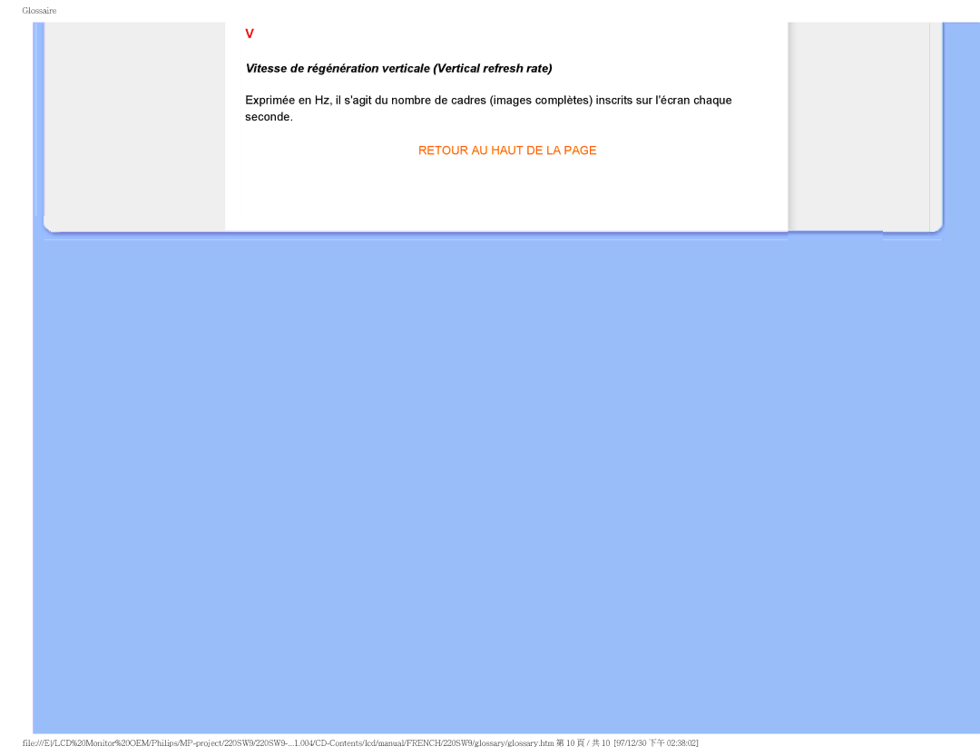 Philips 220SW9 user manual Vitesse de régénération verticale Vertical refresh rate 