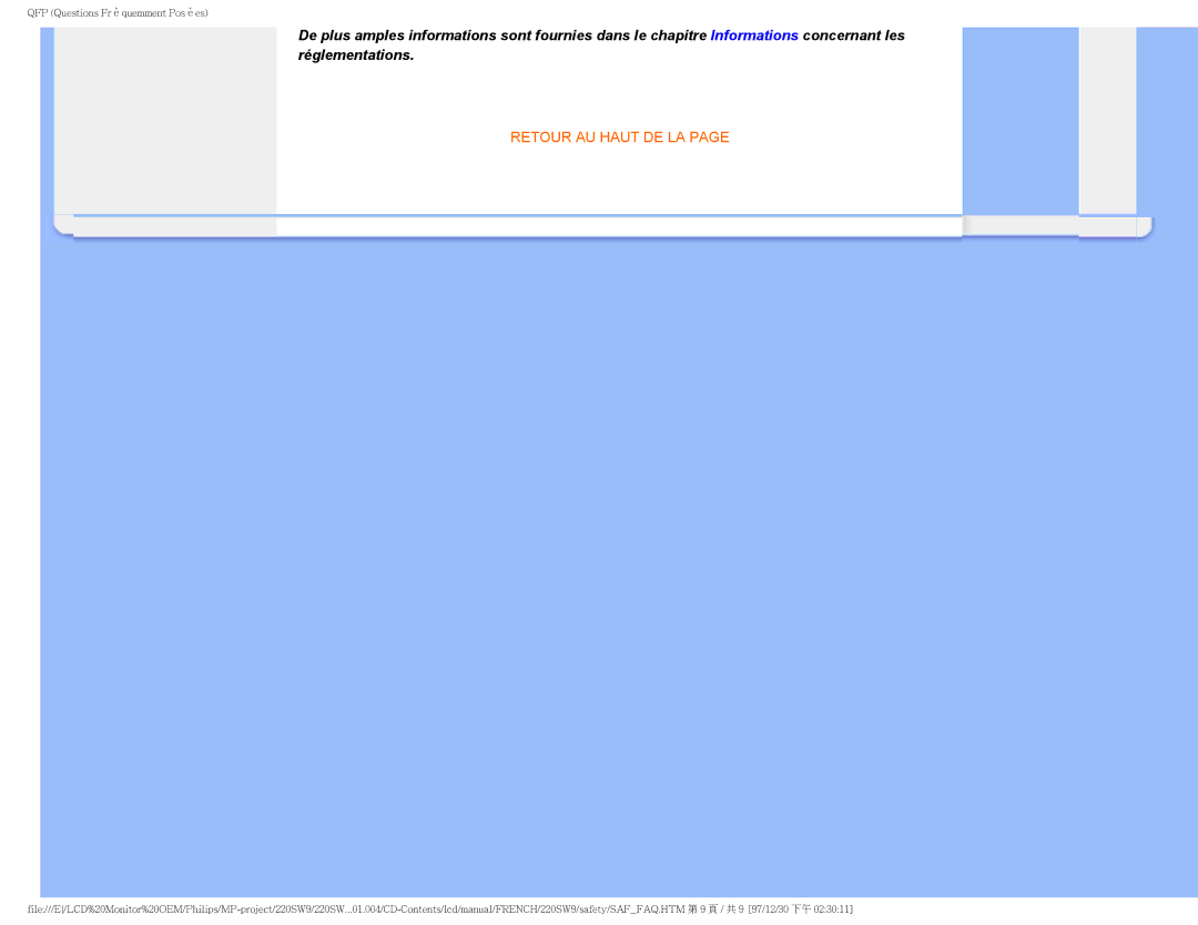 Philips 220SW9 user manual Retour AU Haut DE LA 