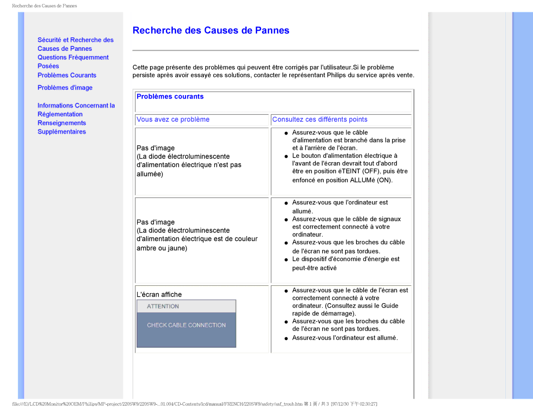 Philips 220SW9 user manual Recherche des Causes de Pannes, Problèmes courants 