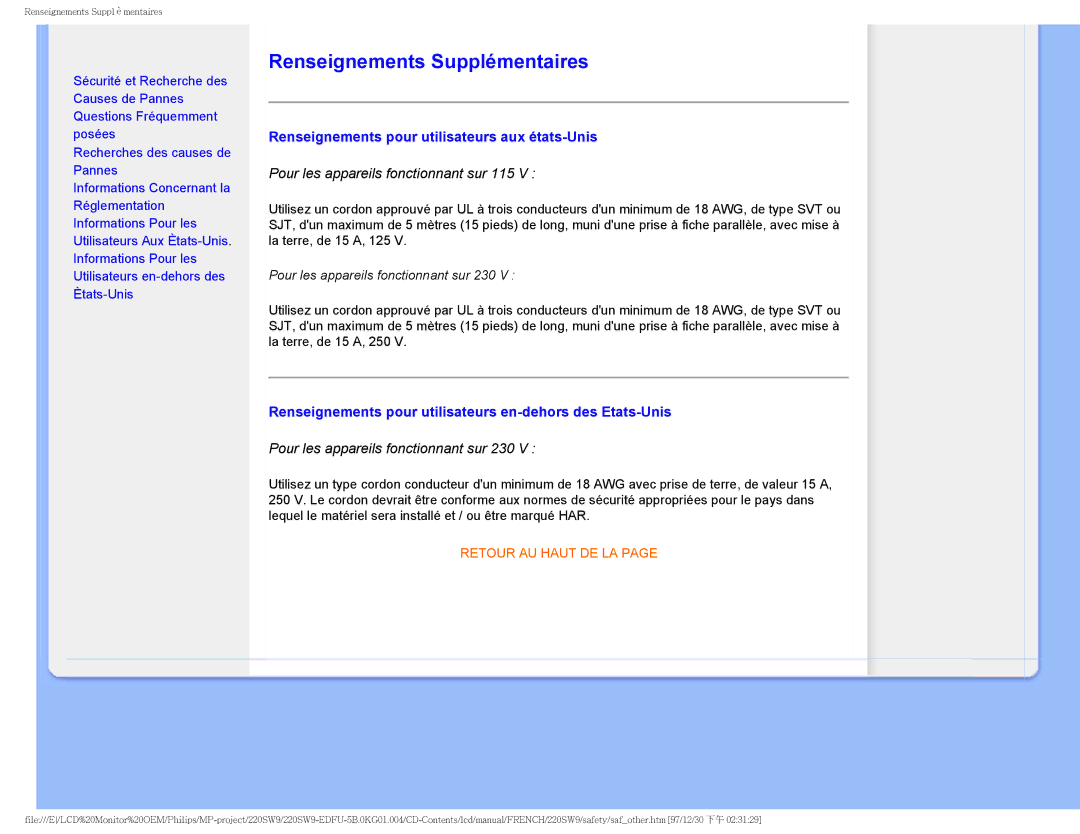 Philips 220SW9 user manual Renseignements Supplémentaires, Renseignements pour utilisateurs aux états-Unis 