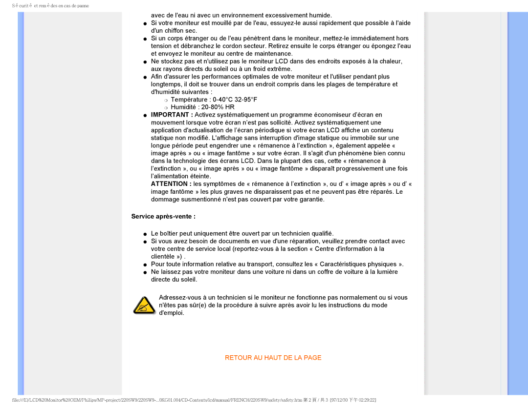 Philips 220SW9 user manual Service après-vente, Retour AU Haut DE LA 