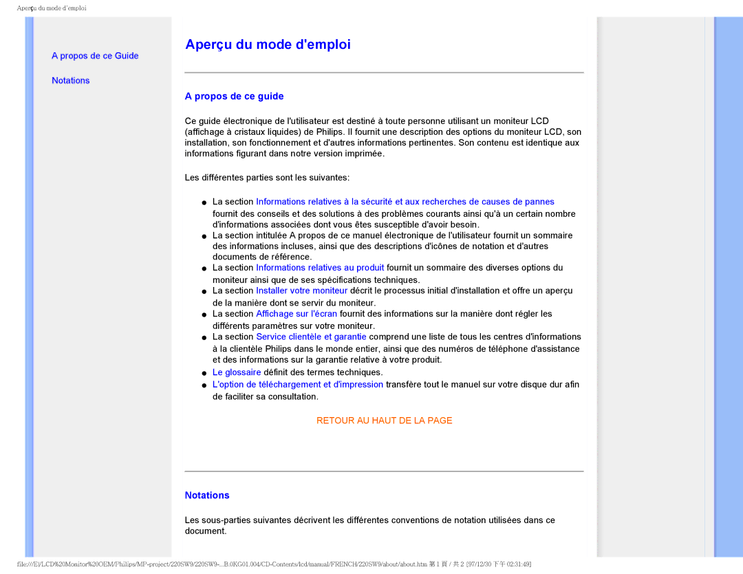 Philips 220SW9 user manual Aperçu du mode demploi, Propos de ce guide, Notations 