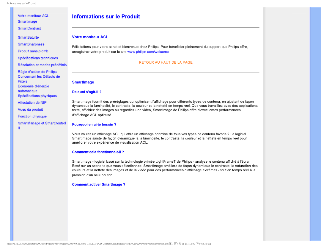 Philips 220SW9 user manual Votre moniteur ACL, SmartImage 