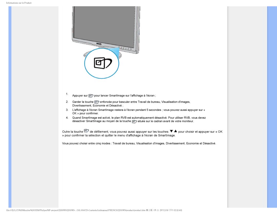 Philips 220SW9 user manual Informations sur le Produit 