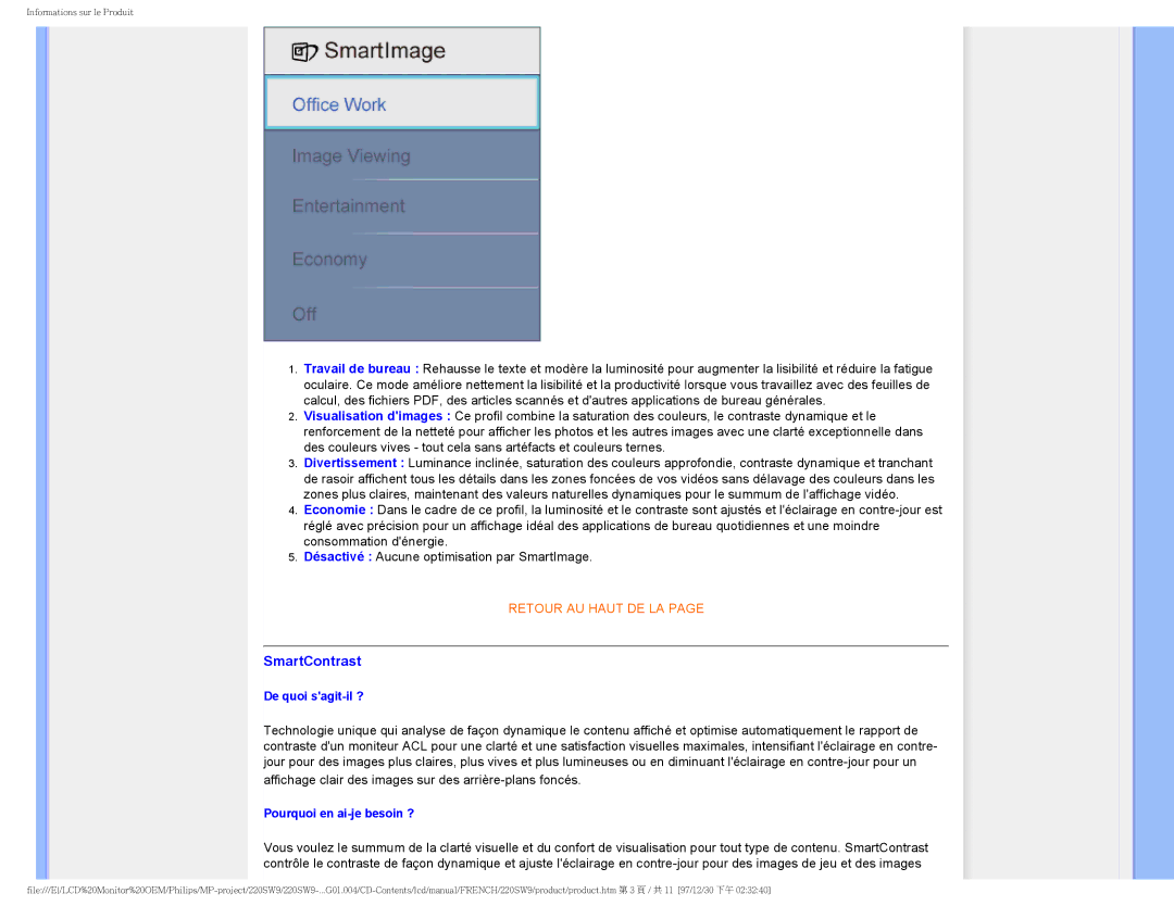 Philips 220SW9 user manual SmartContrast, De quoi sagit-il ? 