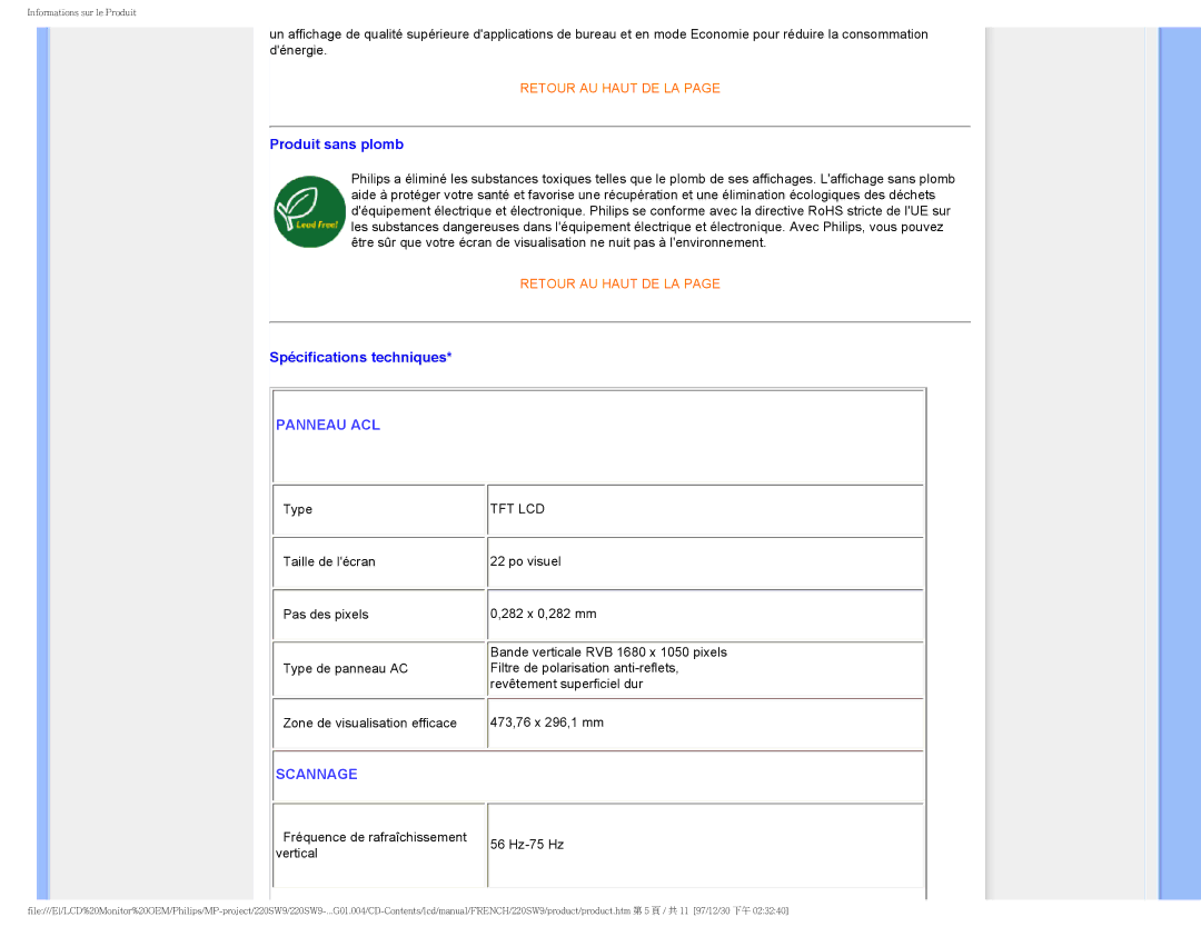 Philips 220SW9 user manual Produit sans plomb, Spécifications techniques 