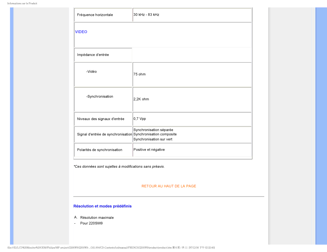 Philips user manual Résolution et modes prédéfinis, Résolution maximale Pour 220SW9 