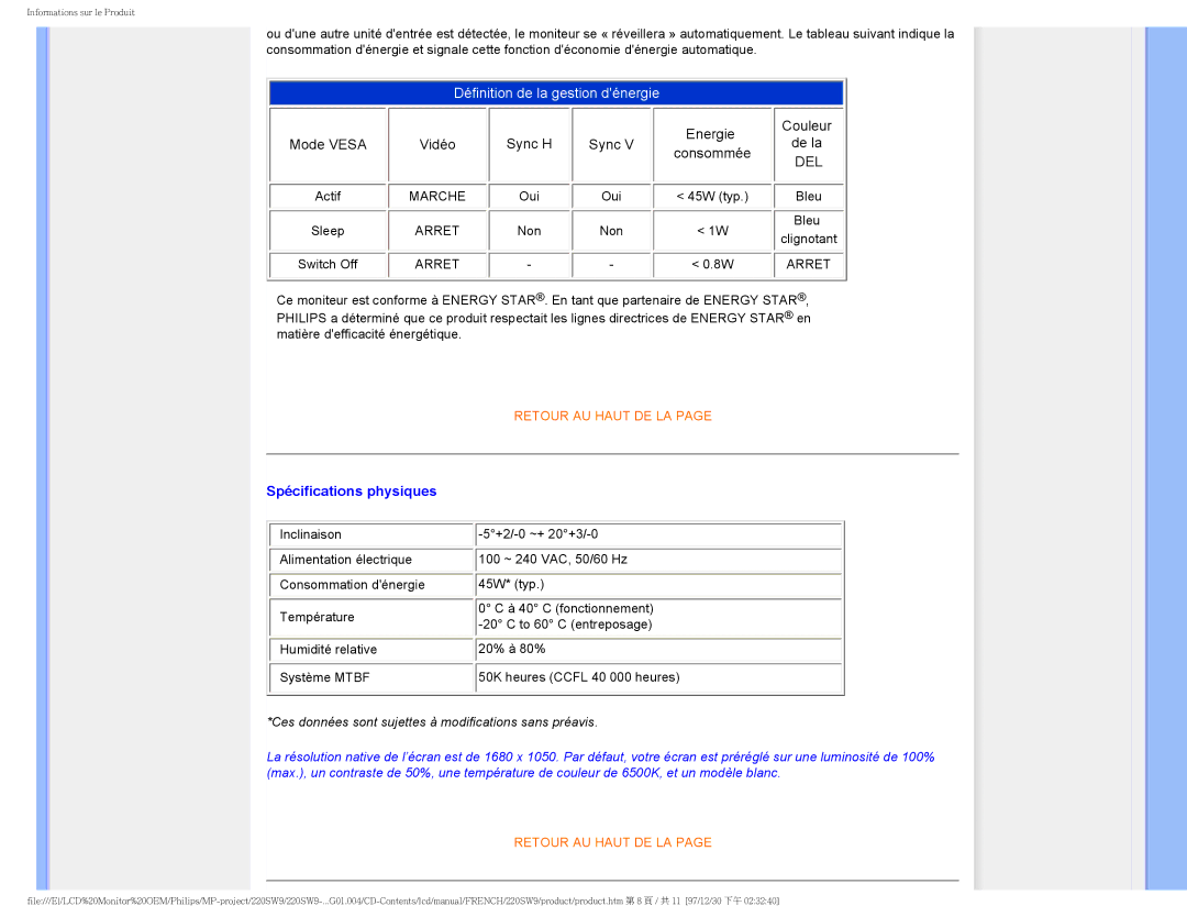 Philips 220SW9 user manual Del, Spécifications physiques 