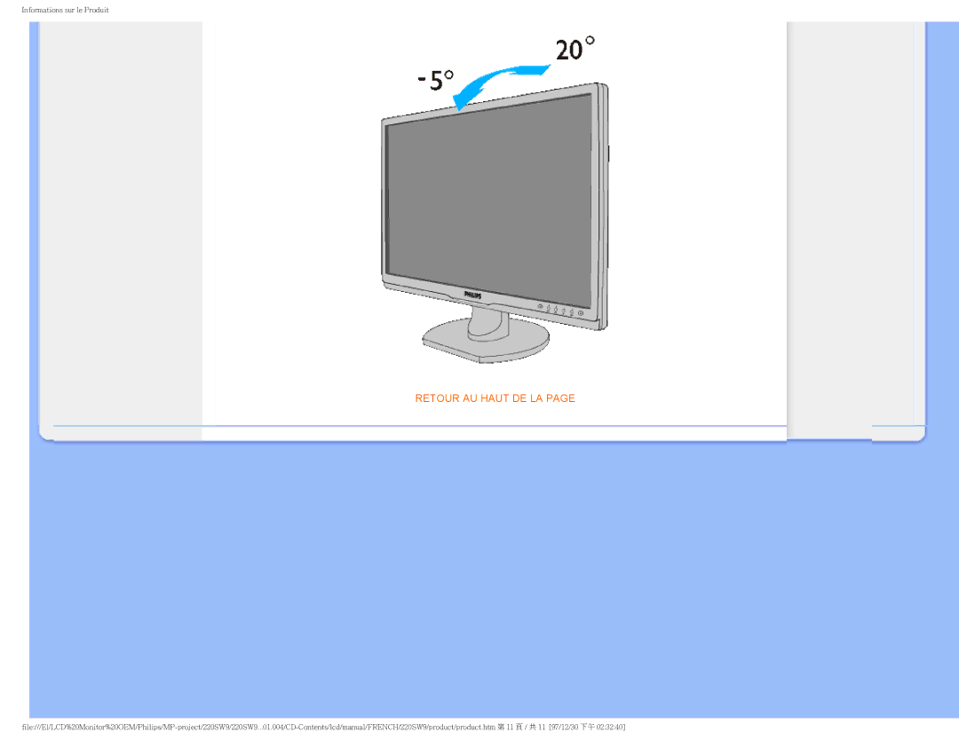 Philips 220SW9 user manual Retour AU Haut DE LA 
