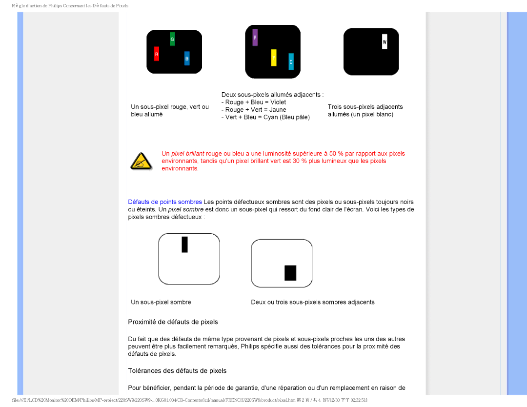 Philips 220SW9 user manual Proximité de défauts de pixels 