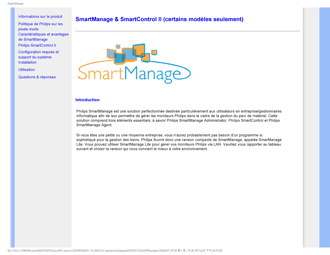 Philips 220SW9 user manual SmartManage & SmartControl II certains modèles seulement, Introduction 