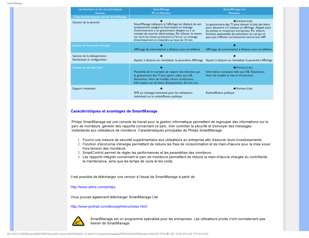 Philips 220SW9 user manual Caractéristiques et avantages de SmartManage 