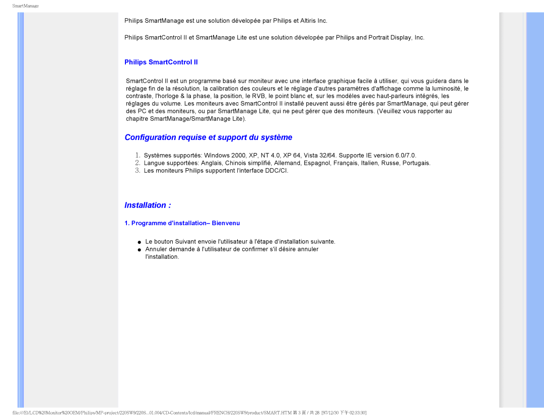 Philips 220SW9 user manual Configuration requise et support du système, Philips SmartControl 