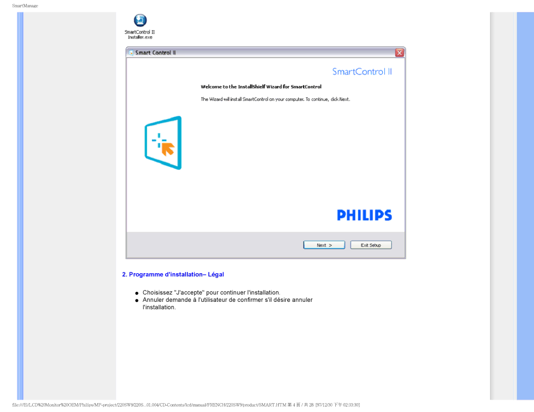 Philips 220SW9 user manual Programme dinstallation- Légal 