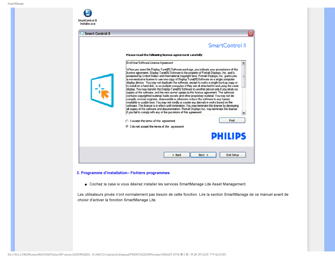 Philips 220SW9 user manual Programme dinstallation- Fichiers programmes 