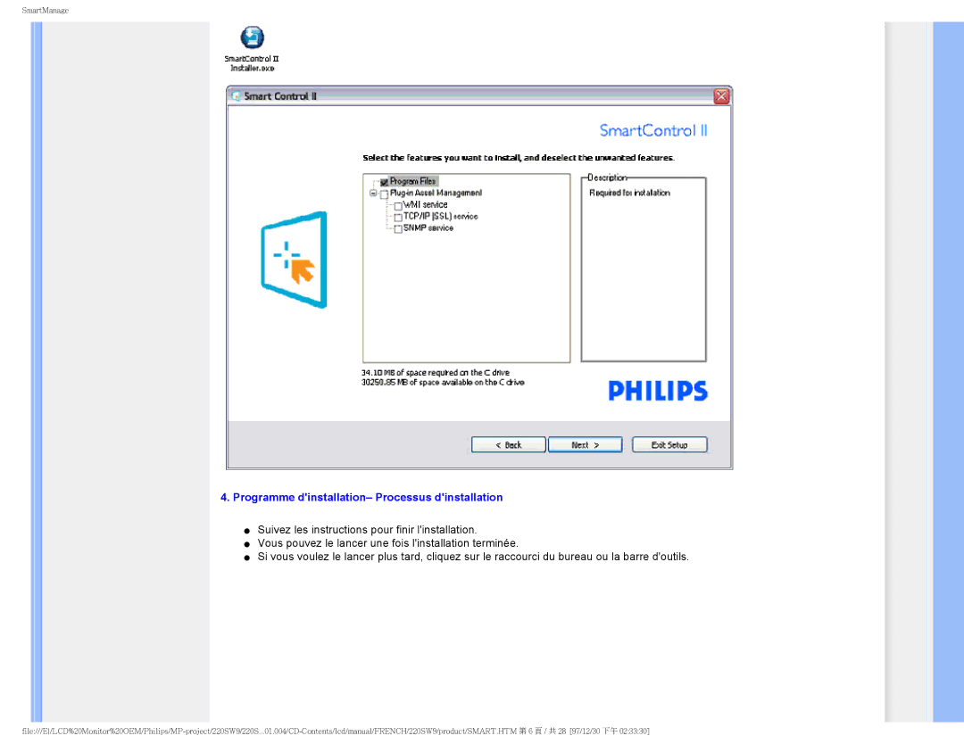 Philips 220SW9 user manual Programme dinstallation- Processus dinstallation 