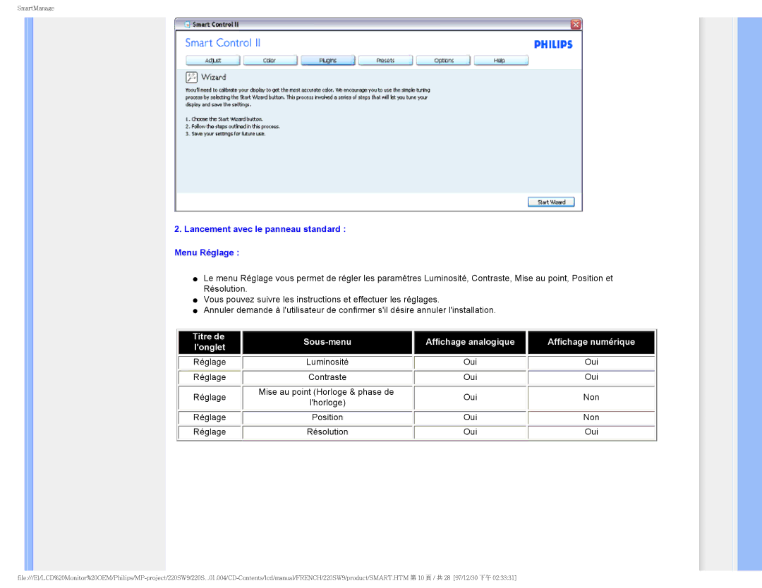 Philips 220SW9 user manual Lancement avec le panneau standard Menu Réglage 