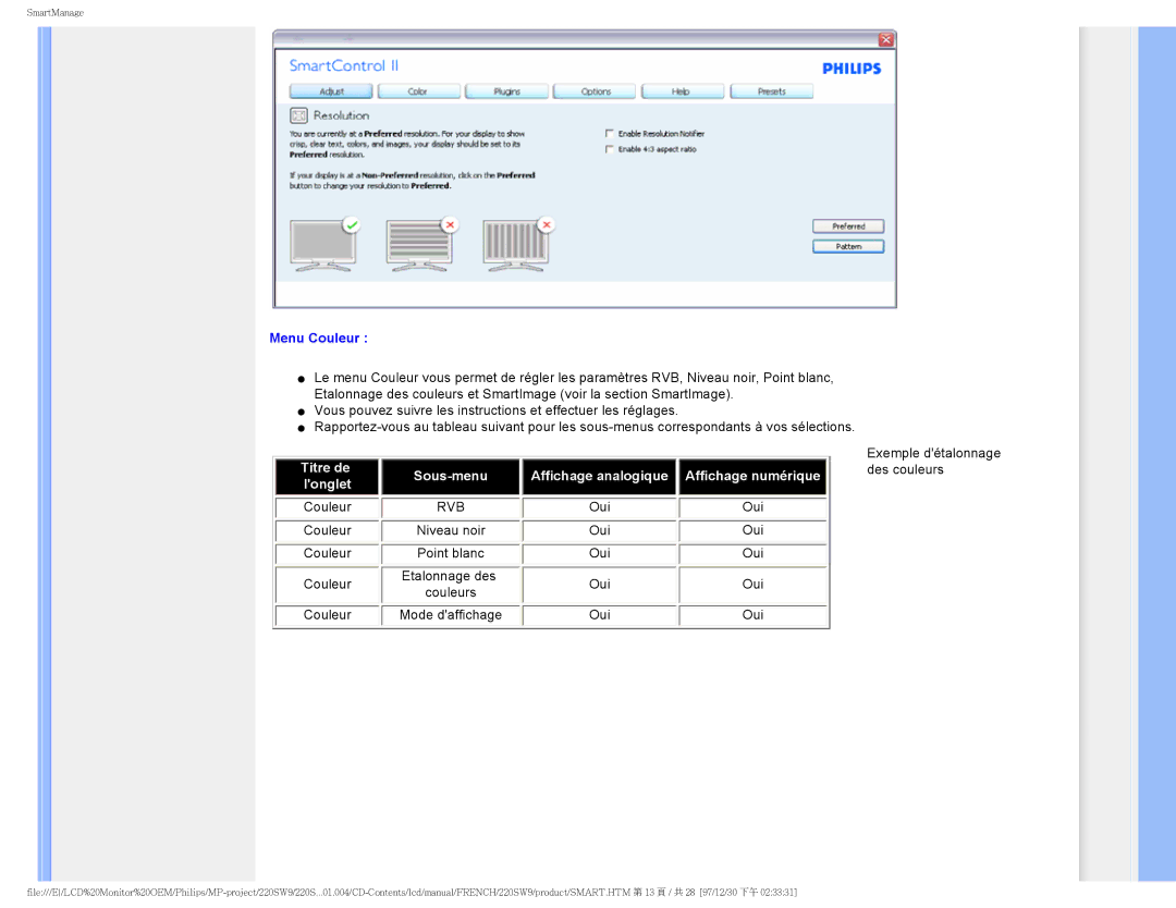 Philips 220SW9 user manual Menu Couleur 