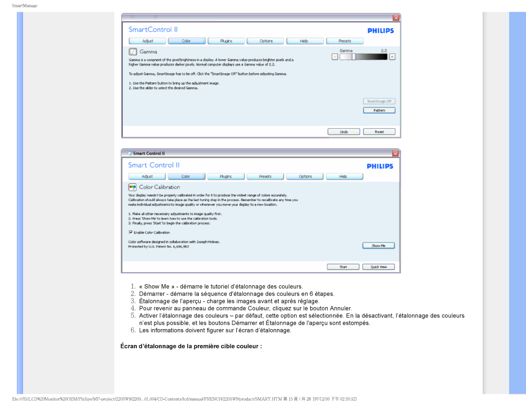 Philips 220SW9 user manual Écran d’étalonnage de la première cible couleur 