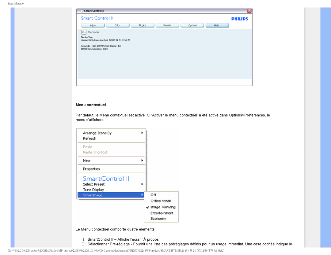 Philips 220SW9 user manual Menu contextuel 